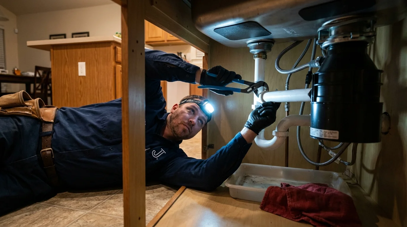P-trap and supply line connections under a kitchen sink showing a common leak point in La Grange, KY